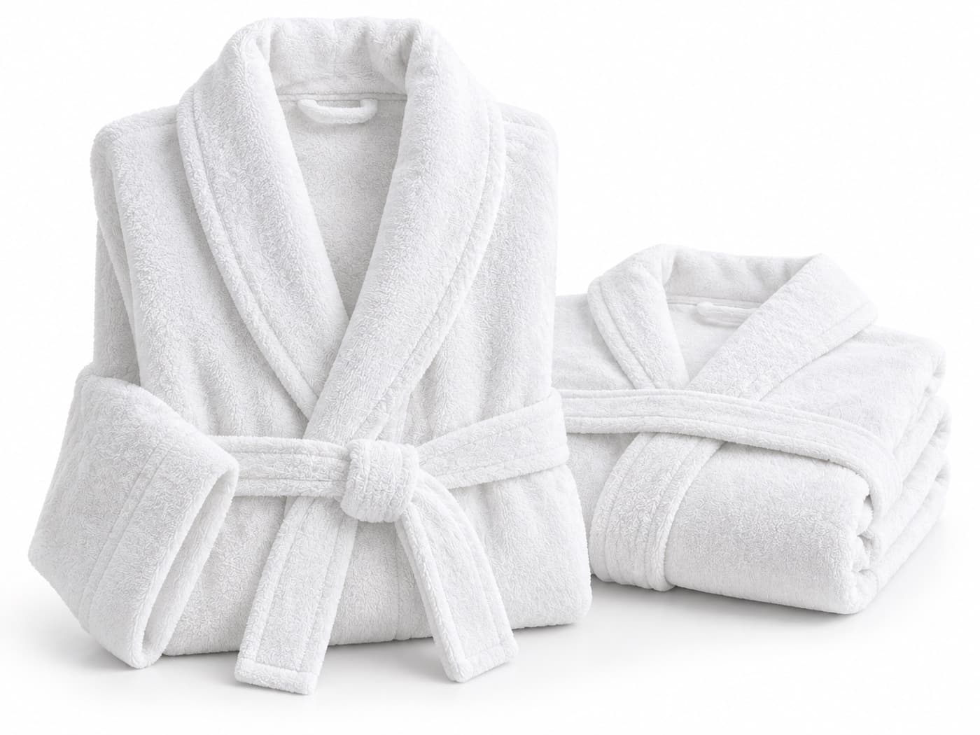 A white terry bath robe with a shawl collar, tied, beside a folded second robe