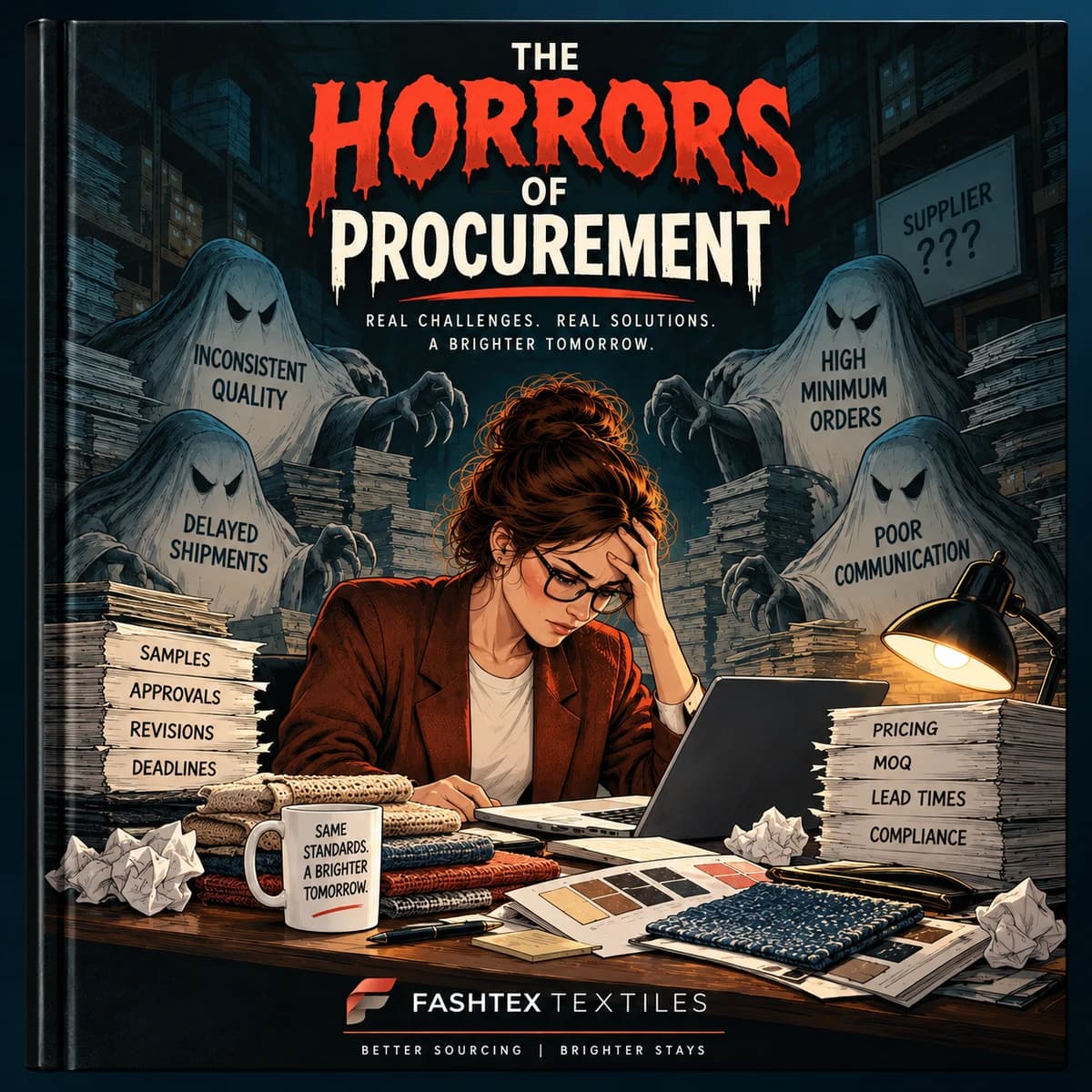 A book cover titled The Horrors of Procurement — real challenges, real solutions, a brighter tomorrow. A buyer sits at a desk buried in samples, approvals, revisions and deadlines, circled by ghosts labelled inconsistent quality, delayed shipments, high minimum orders and poor communication.